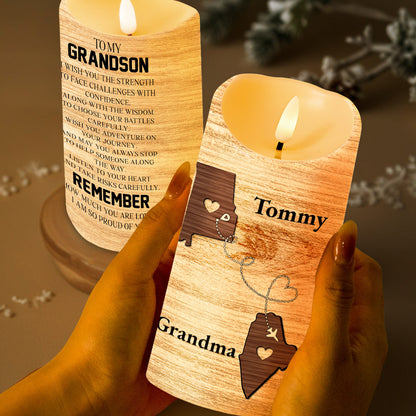 Grandson, Strength And Wisdom Inspirational Quote With State Outline And Heart - Personalized Custom LED Candle - GSN009_LECA