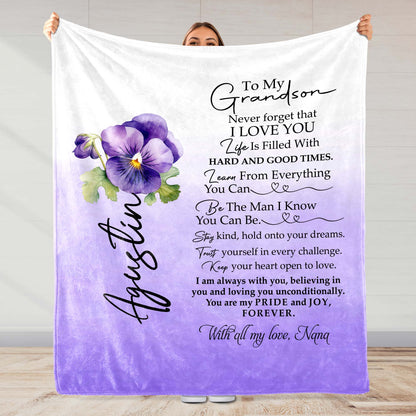 Loving Message From Grandma To Grandson With Flowers - Personalized Custom Blanket - GSN021_BLK