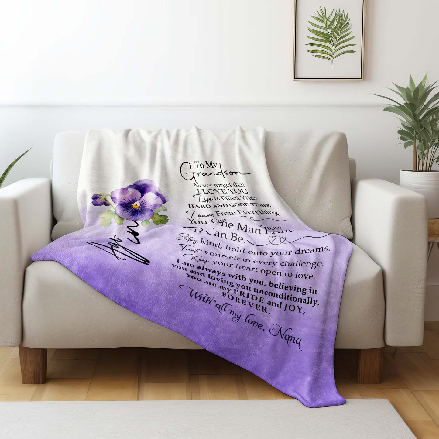 Loving Message From Grandma To Grandson With Flowers - Personalized Custom Blanket - GSN021_BLK