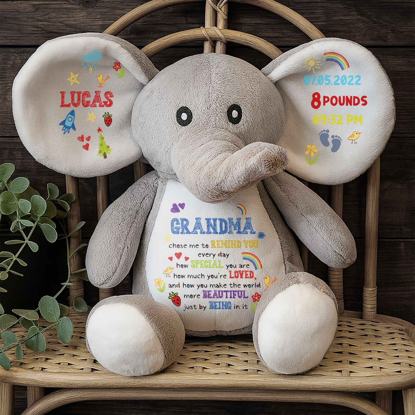 Grandma Chose Me To Remind You, Elephant With Hearts And Rainbow - Personalized Elephant Stuffed Animal, Elephant Doll - GSN026_ELEA