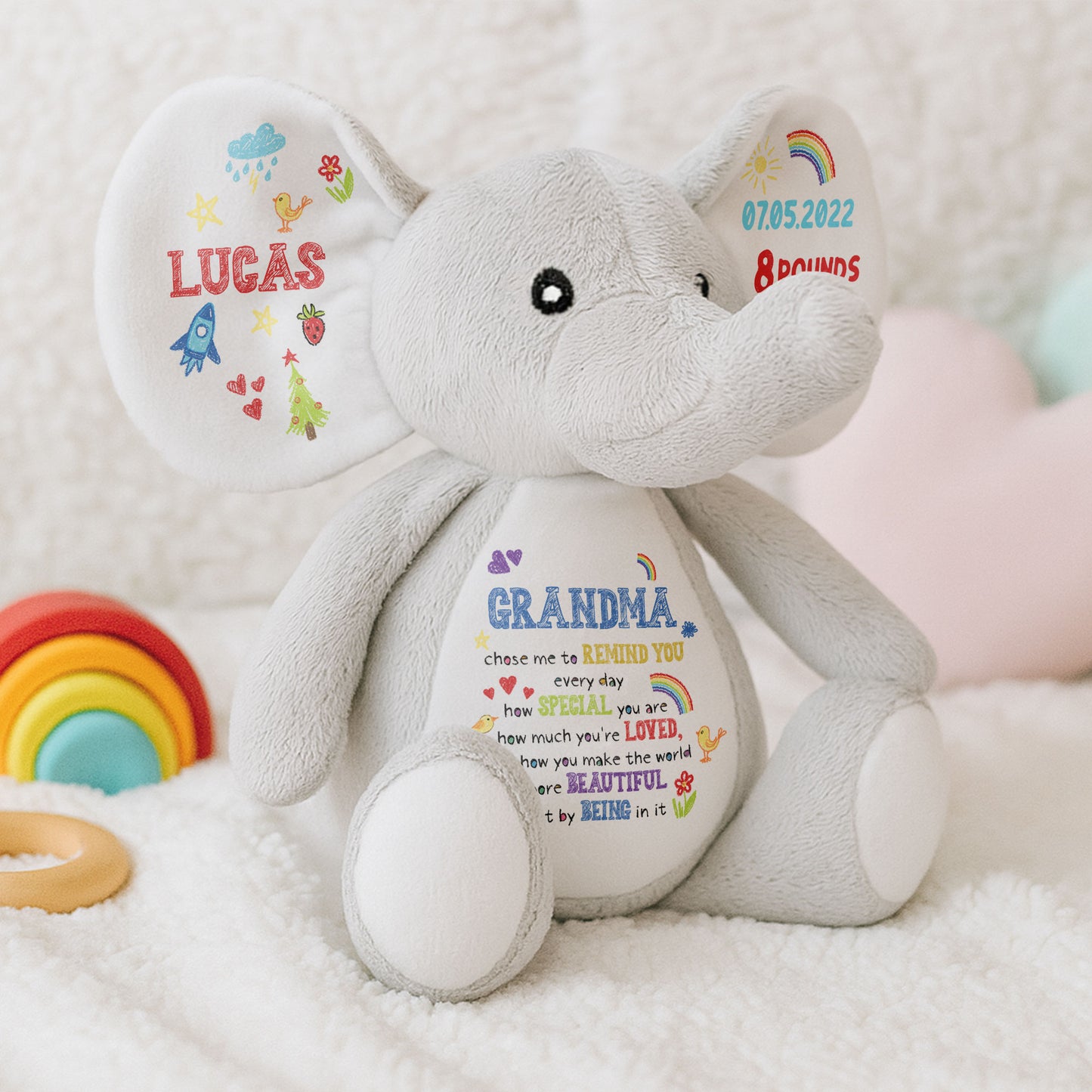 Grandma Chose Me To Remind You, Elephant With Hearts And Rainbow - Personalized Elephant Stuffed Animal, Elephant Doll - GSN026_ELEA