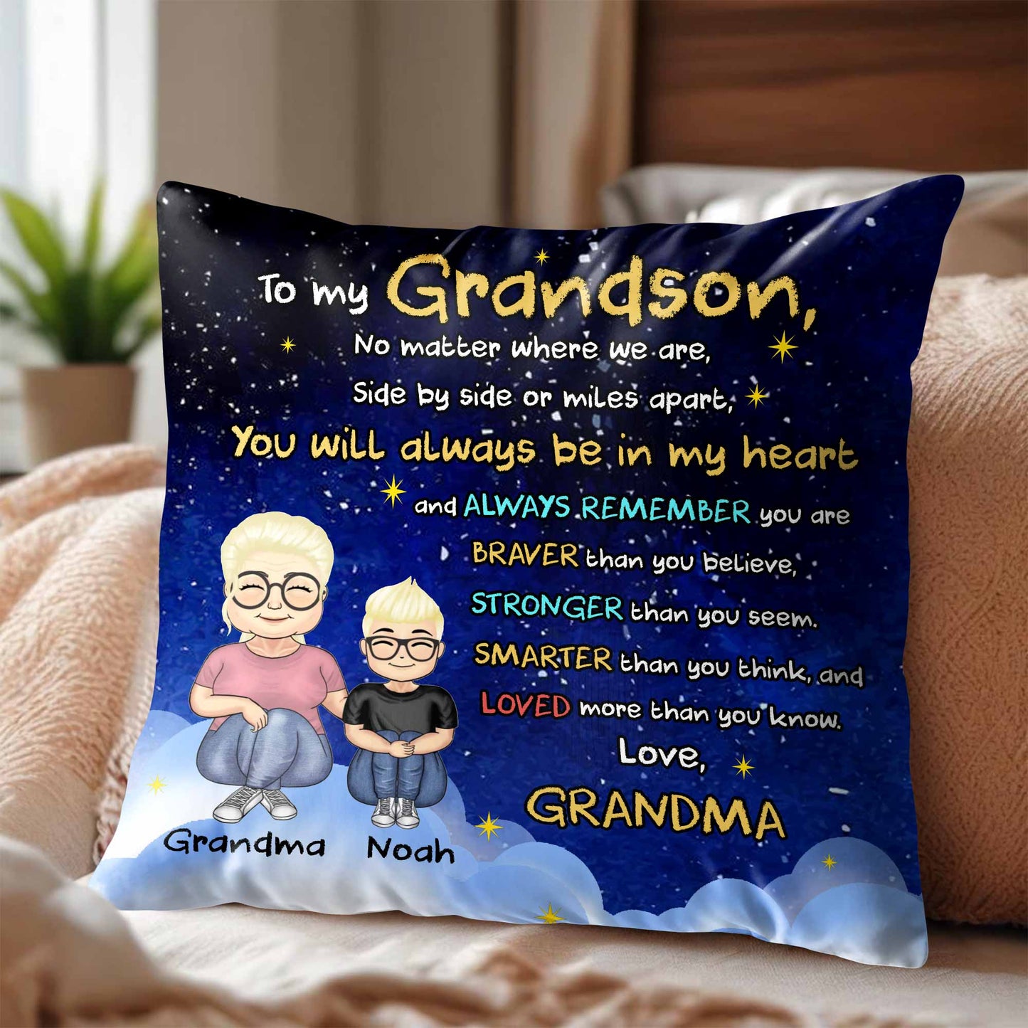 Para mi nieto, sin importar dónde estemos, uno al lado del otro o a kilómetros de distancia, personajes de dibujos animados - Almohada personalizada, relleno incluido - GSN036_PLW