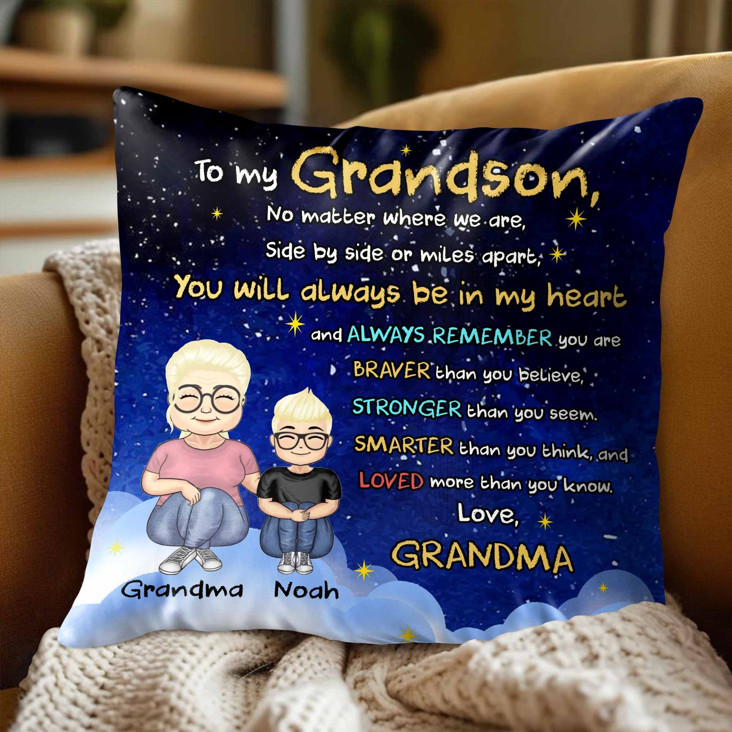 Para mi nieto, sin importar dónde estemos, uno al lado del otro o a kilómetros de distancia, personajes de dibujos animados - Almohada personalizada, relleno incluido - GSN036_PLW