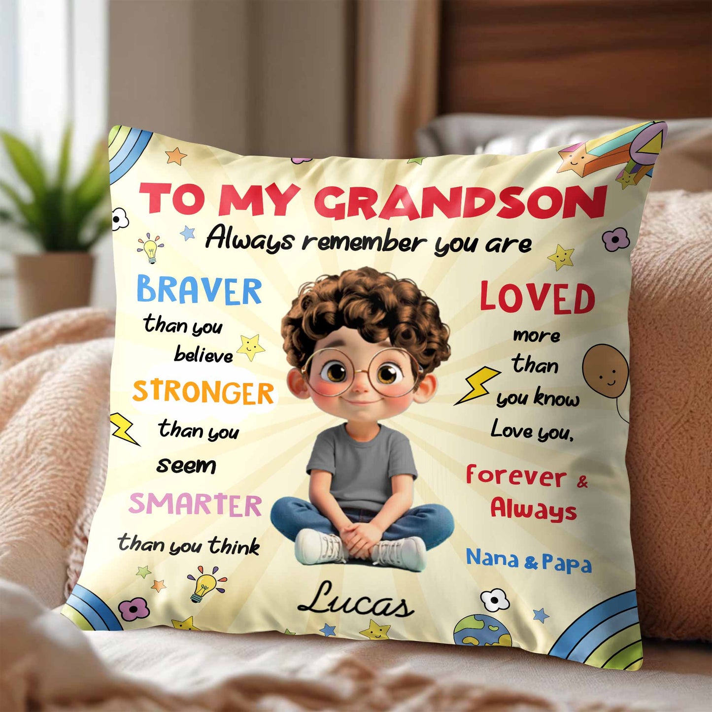 Para mi nieto, almohada arcoíris con cohete y estrellas - Almohada personalizada con relleno incluido - GSN052_PLW