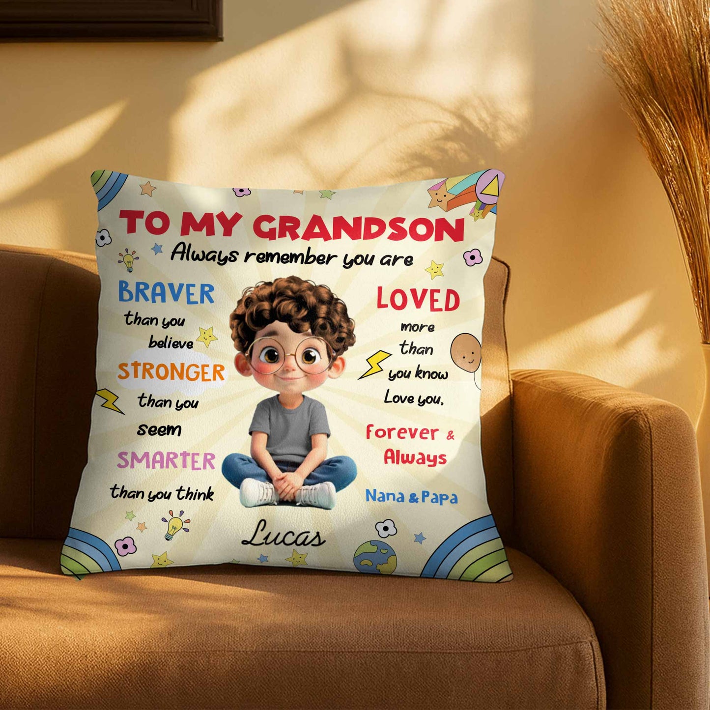 Para mi nieto, almohada arcoíris con cohete y estrellas - Almohada personalizada con relleno incluido - GSN052_PLW