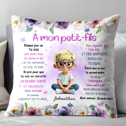 To My Grandson, Wishes From Grandma, Flowers And Boy - Personalized Custom Pillow, Insert Included - GSN064_PLW