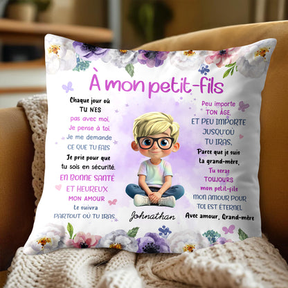 To My Grandson, Wishes From Grandma, Flowers And Boy - Personalized Custom Pillow, Insert Included - GSN064_PLW