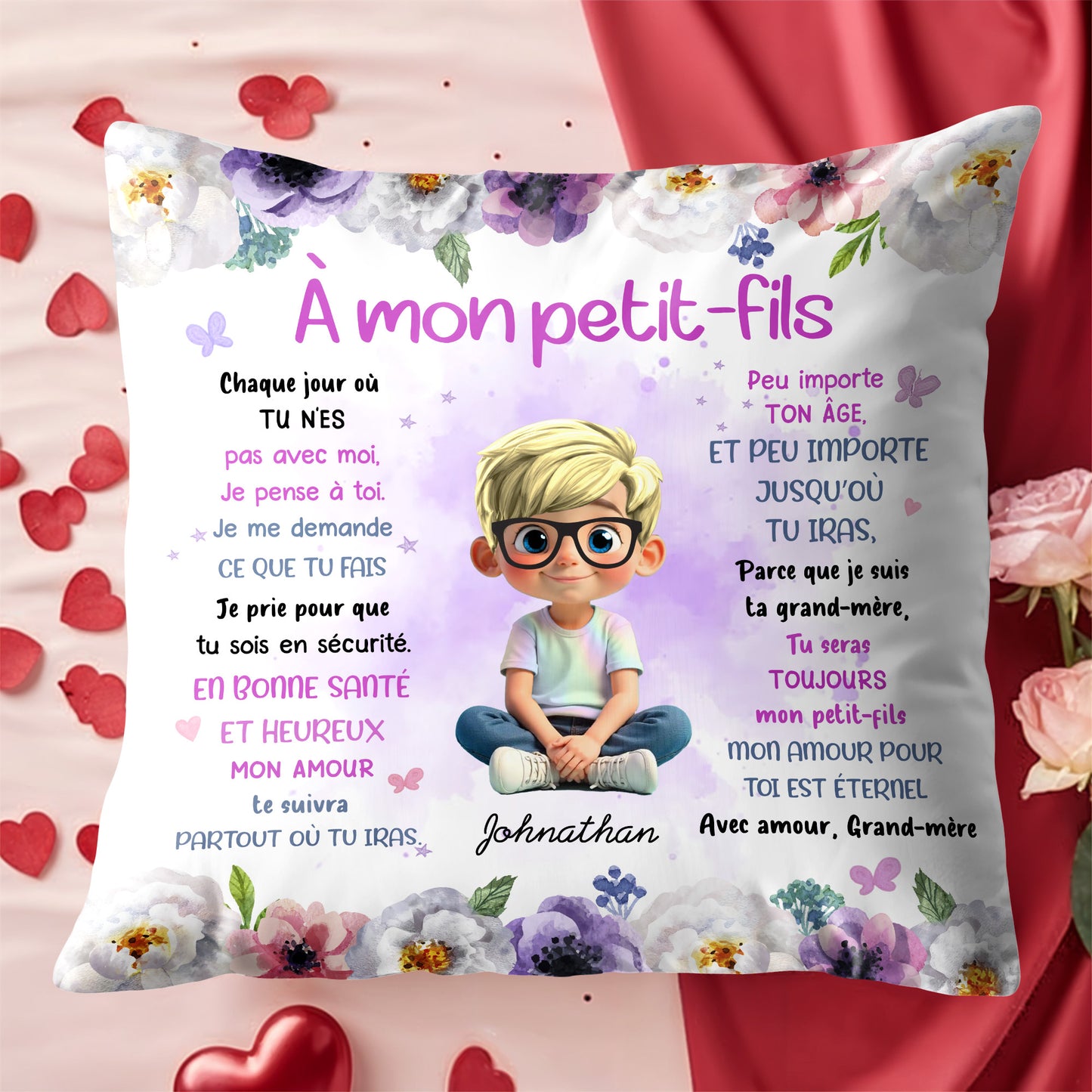 To My Grandson, Wishes From Grandma, Flowers And Boy - Personalized Custom Pillow, Insert Included - GSN064_PLW
