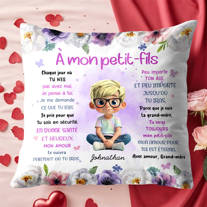 To My Grandson, Wishes From Grandma, Flowers And Boy - Personalized Custom Pillow, Insert Included - GSN064_PLW