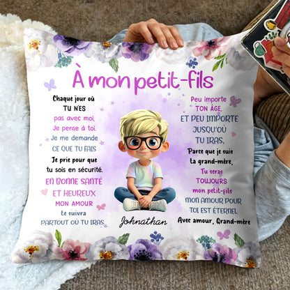 To My Grandson, Wishes From Grandma, Flowers And Boy - Personalized Custom Pillow, Insert Included - GSN064_PLW