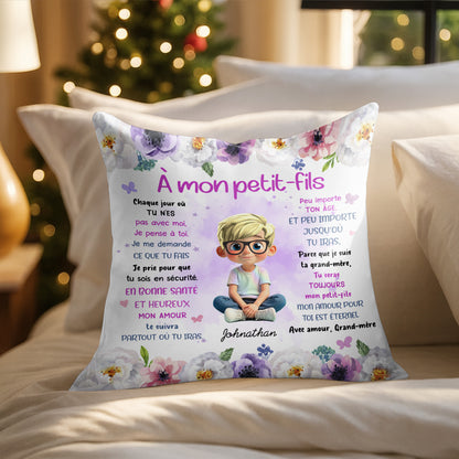 To My Grandson, Wishes From Grandma, Flowers And Boy - Personalized Custom Pillow, Insert Included - GSN064_PLW