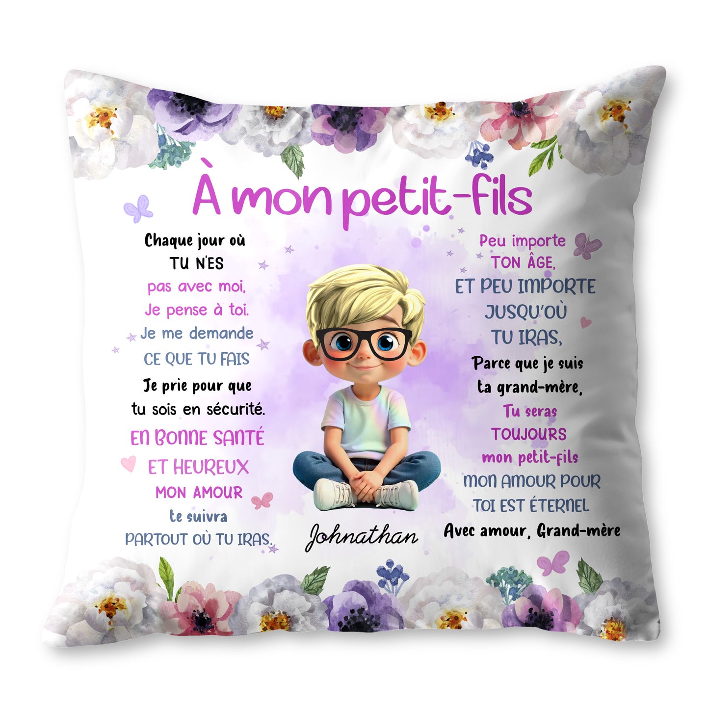 To My Grandson, Wishes From Grandma, Flowers And Boy - Personalized Custom Pillow, Insert Included - GSN064_PLW