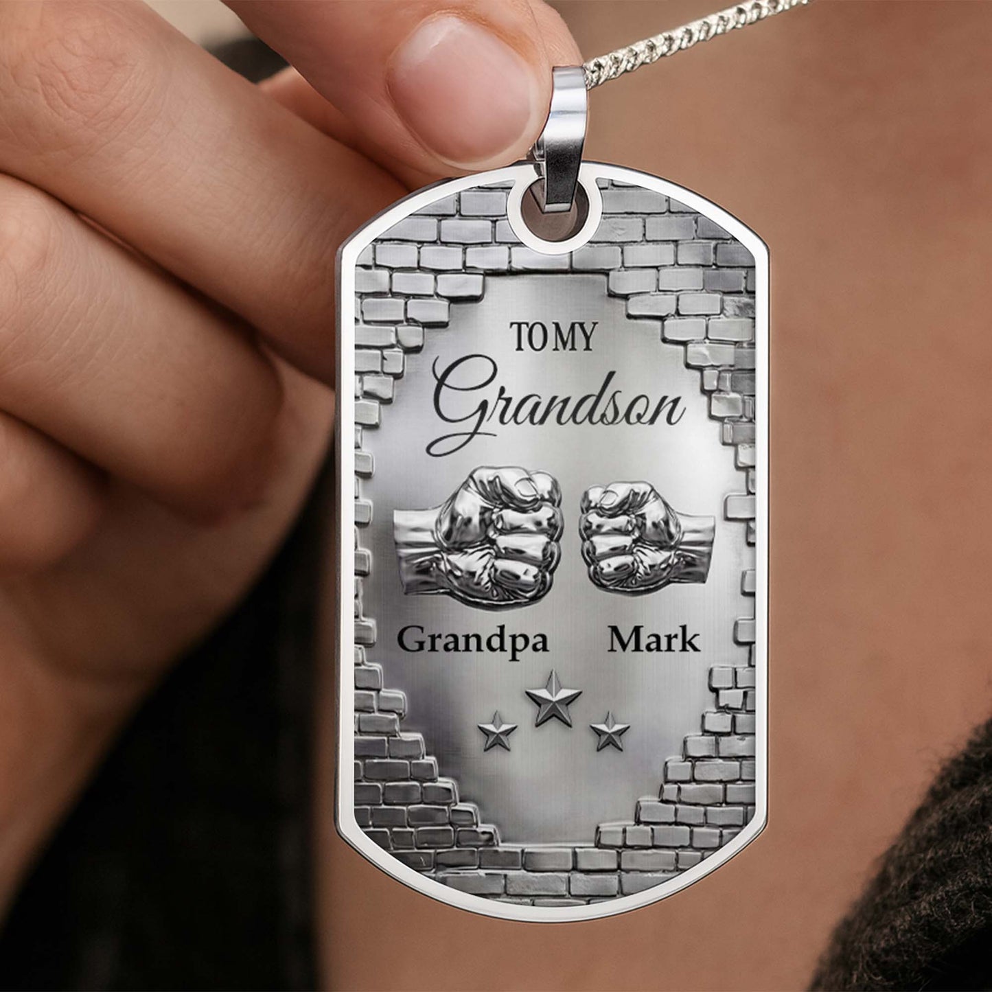 To My Grandson Fist Bump And Stars Brick Wall - Personalized Custom Dog Tag Necklace - GSN078_DTNECK