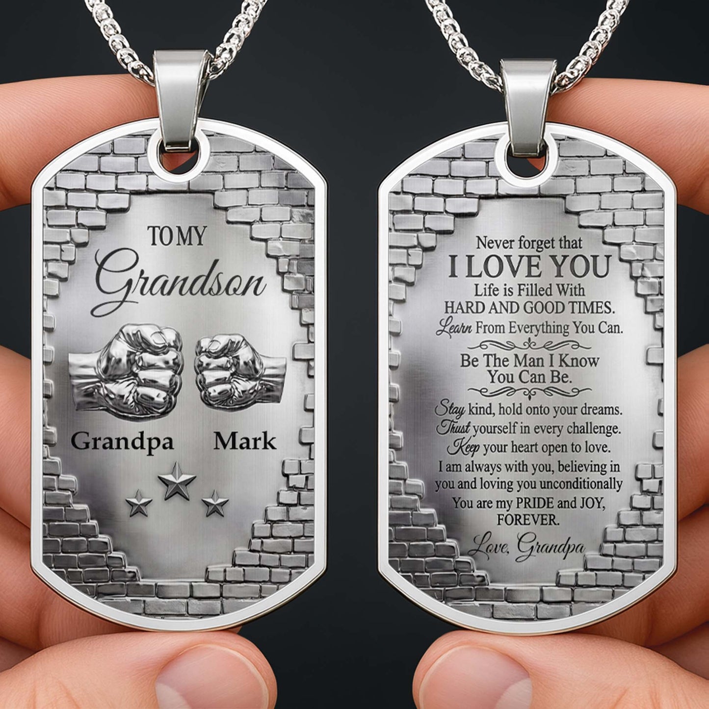 To My Grandson Fist Bump And Stars Brick Wall - Personalized Custom Dog Tag Necklace - GSN078_DTNECK