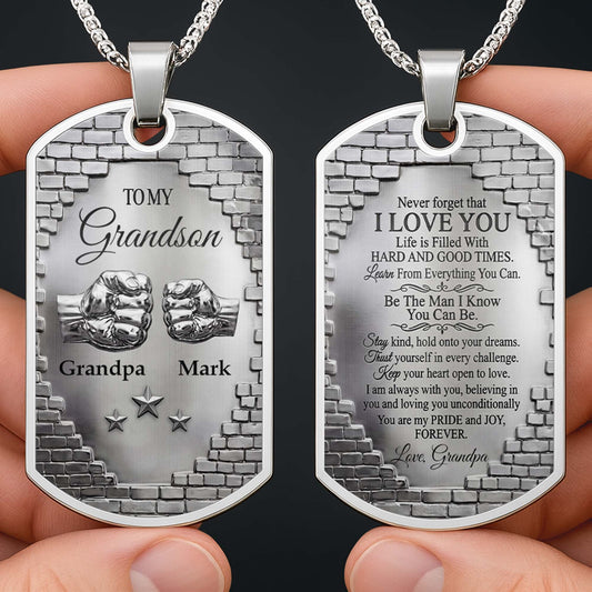 To My Grandson Fist Bump And Stars Brick Wall - Personalized Custom Dog Tag Necklace - GSN078_DTNECK