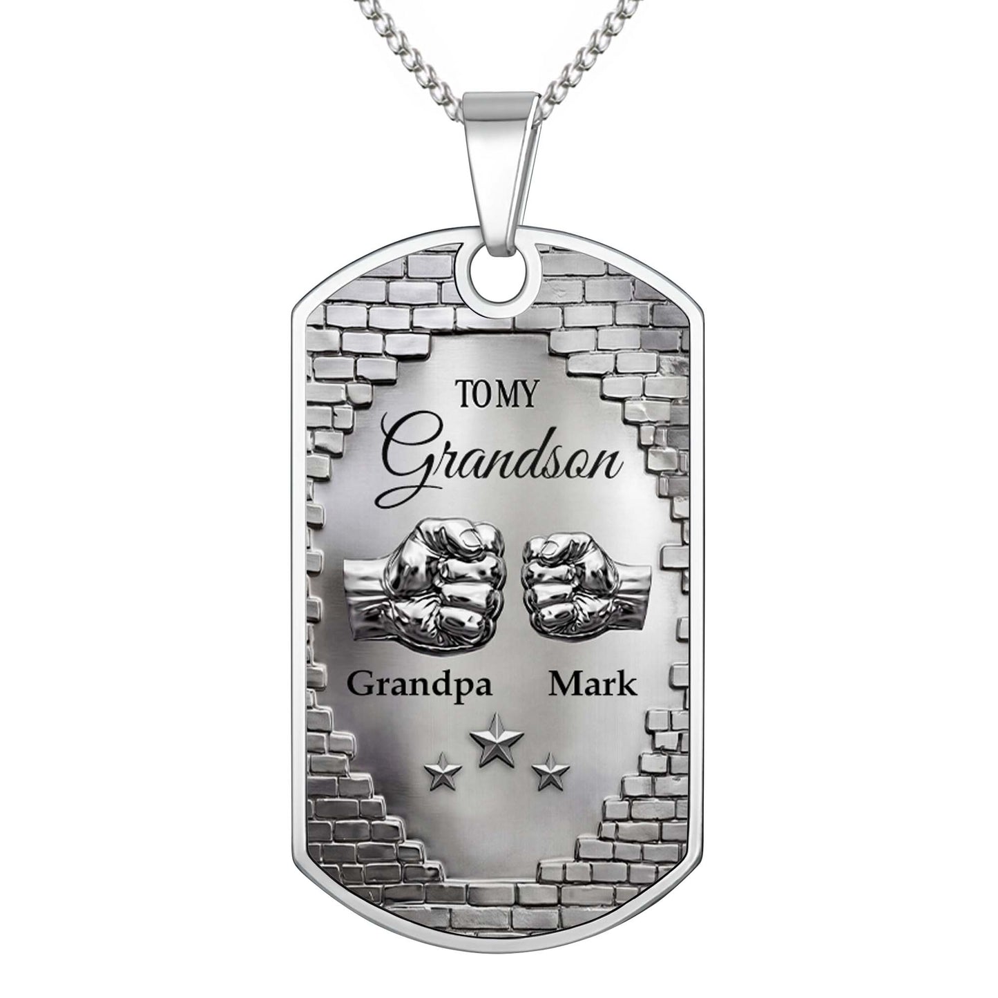 To My Grandson Fist Bump And Stars Brick Wall - Personalized Custom Dog Tag Necklace - GSN078_DTNECK