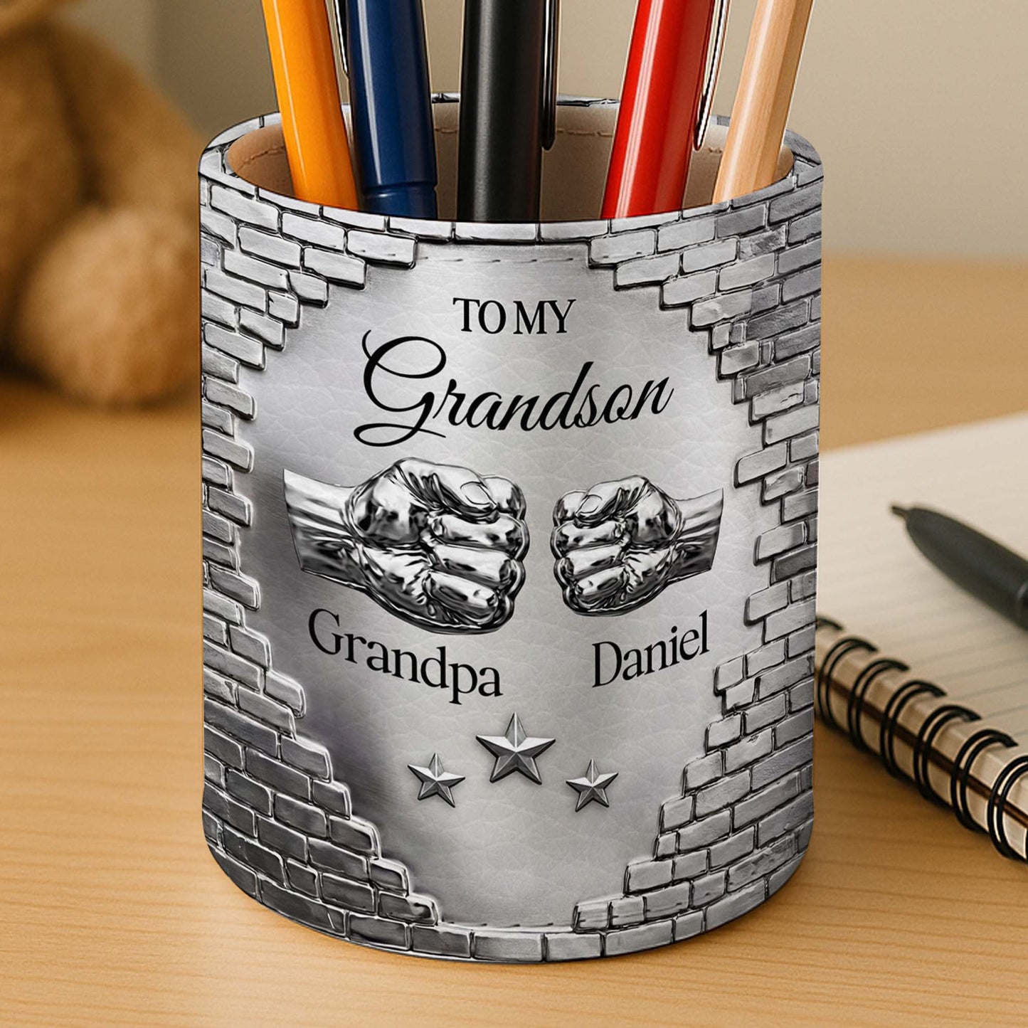 To My Grandson Fist Bump Metallic Brick Wall Design - Personalized Pen Holder - GSN078_PENH