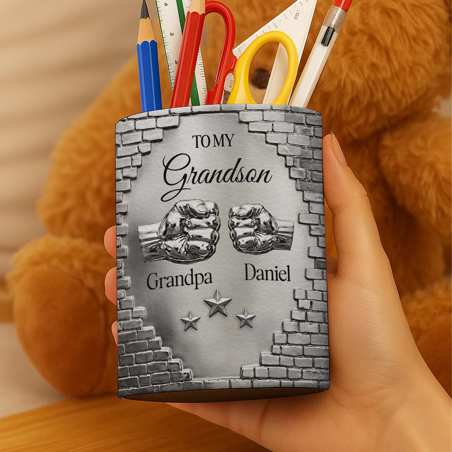 To My Grandson Fist Bump Metallic Brick Wall Design - Personalized Pen Holder - GSN078_PENH
