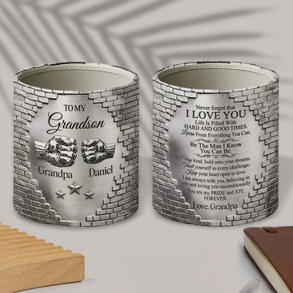 To My Grandson Fist Bump Metallic Brick Wall Design - Personalized Pen Holder - GSN078_PENH