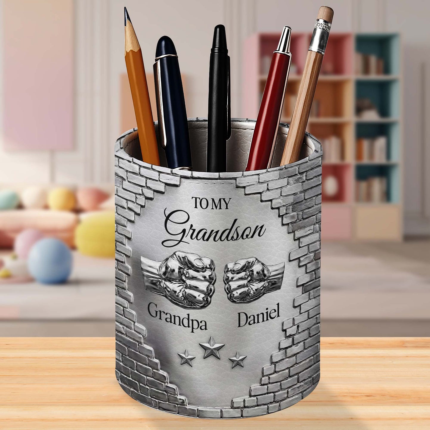 To My Grandson Fist Bump Metallic Brick Wall Design - Personalized Pen Holder - GSN078_PENH