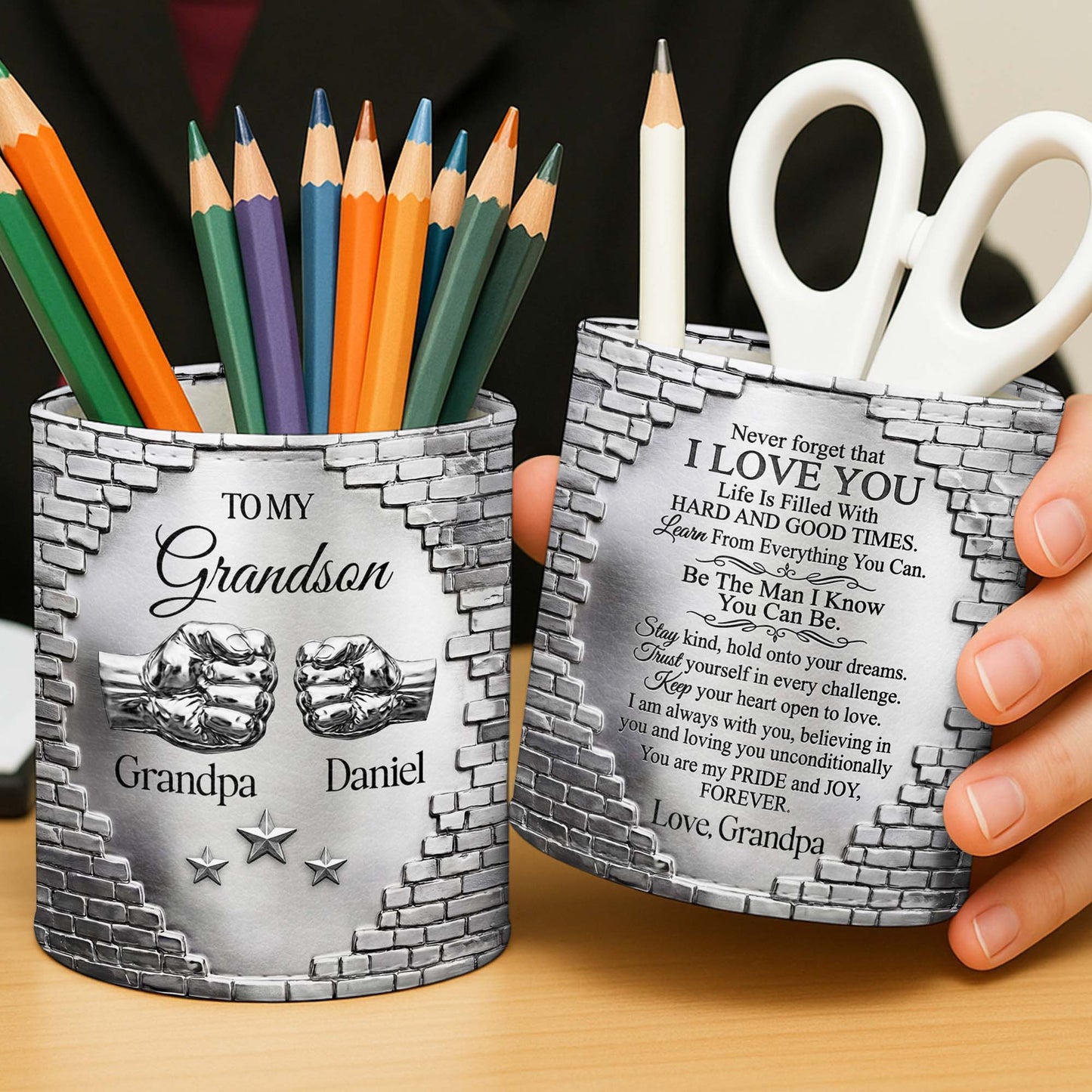 To My Grandson Fist Bump Metallic Brick Wall Design - Personalized Pen Holder - GSN078_PENH