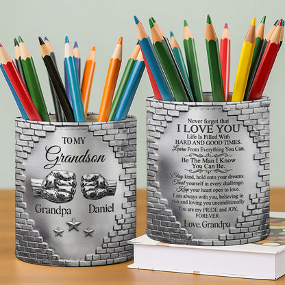 To My Grandson Fist Bump Metallic Brick Wall Design - Personalized Pen Holder - GSN078_PENH