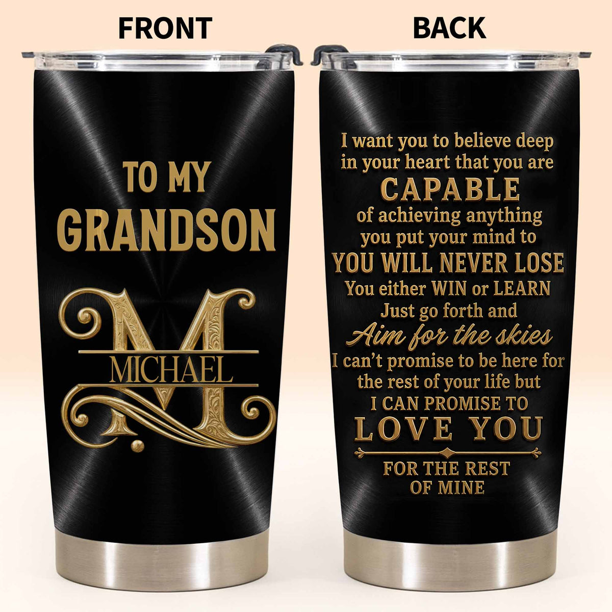 To My Grandson Believe Deep In Your Heart Golden Alphabet Art - Personalized Custom Stainless Steel Tumbler 20oz - GSN086_USTUM