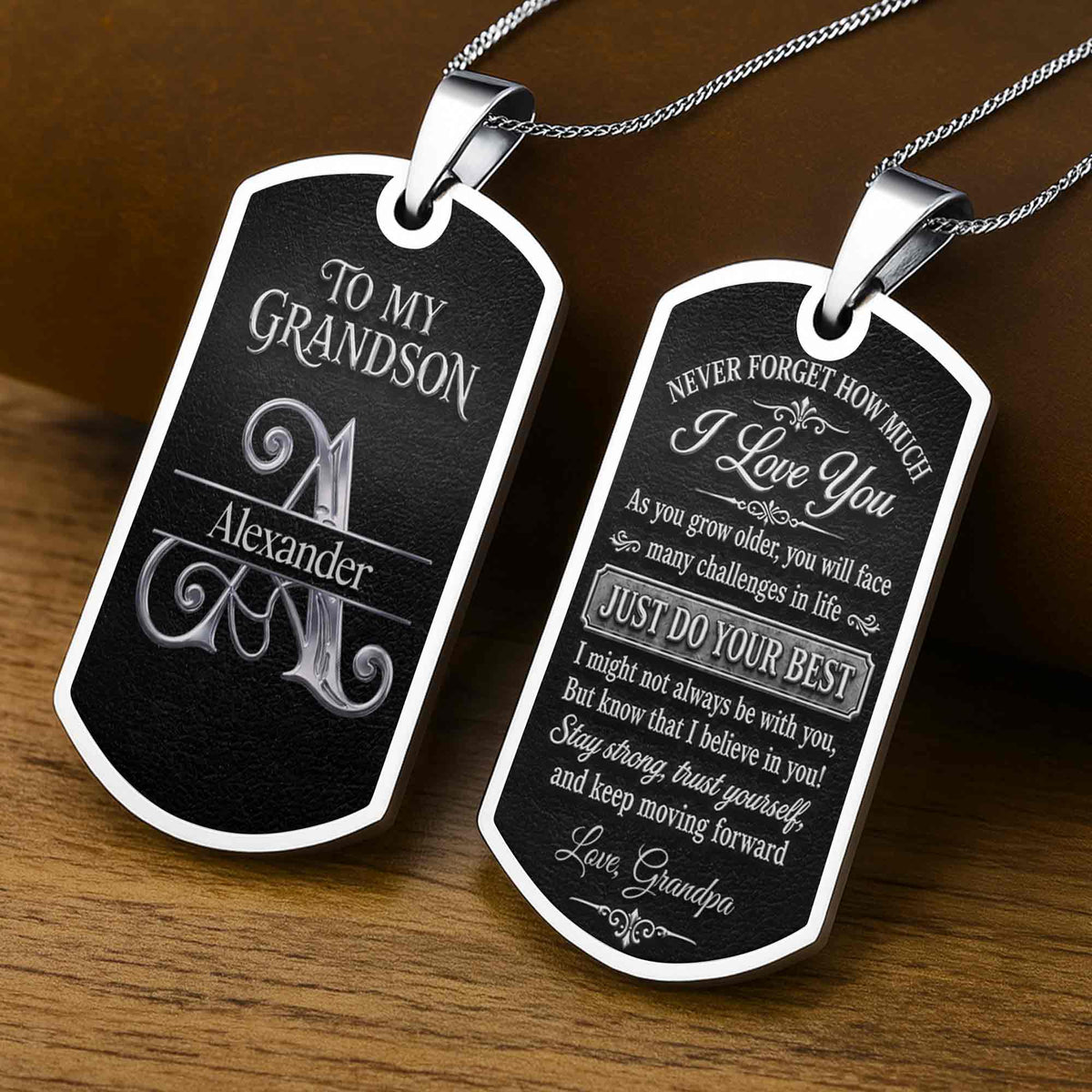 To My Grandson Never Forget How Much I Love You Custom Initial - Personalized Custom Dog Tag Necklace - GSN124_DTNECK