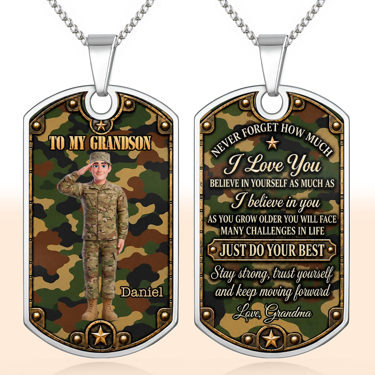 To My Grandson Soldier Camouflage Military Personalized Art - Personalized Custom Dog Tag Necklace - GSN193_DTNECK