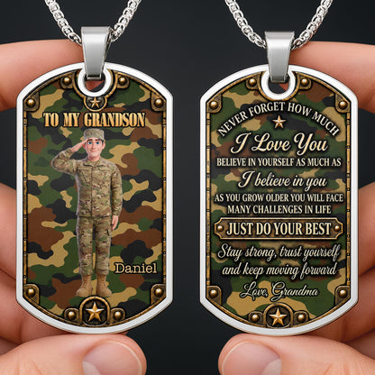 To My Grandson Soldier Camouflage Military Personalized Art - Personalized Custom Dog Tag Necklace - GSN193_DTNECK