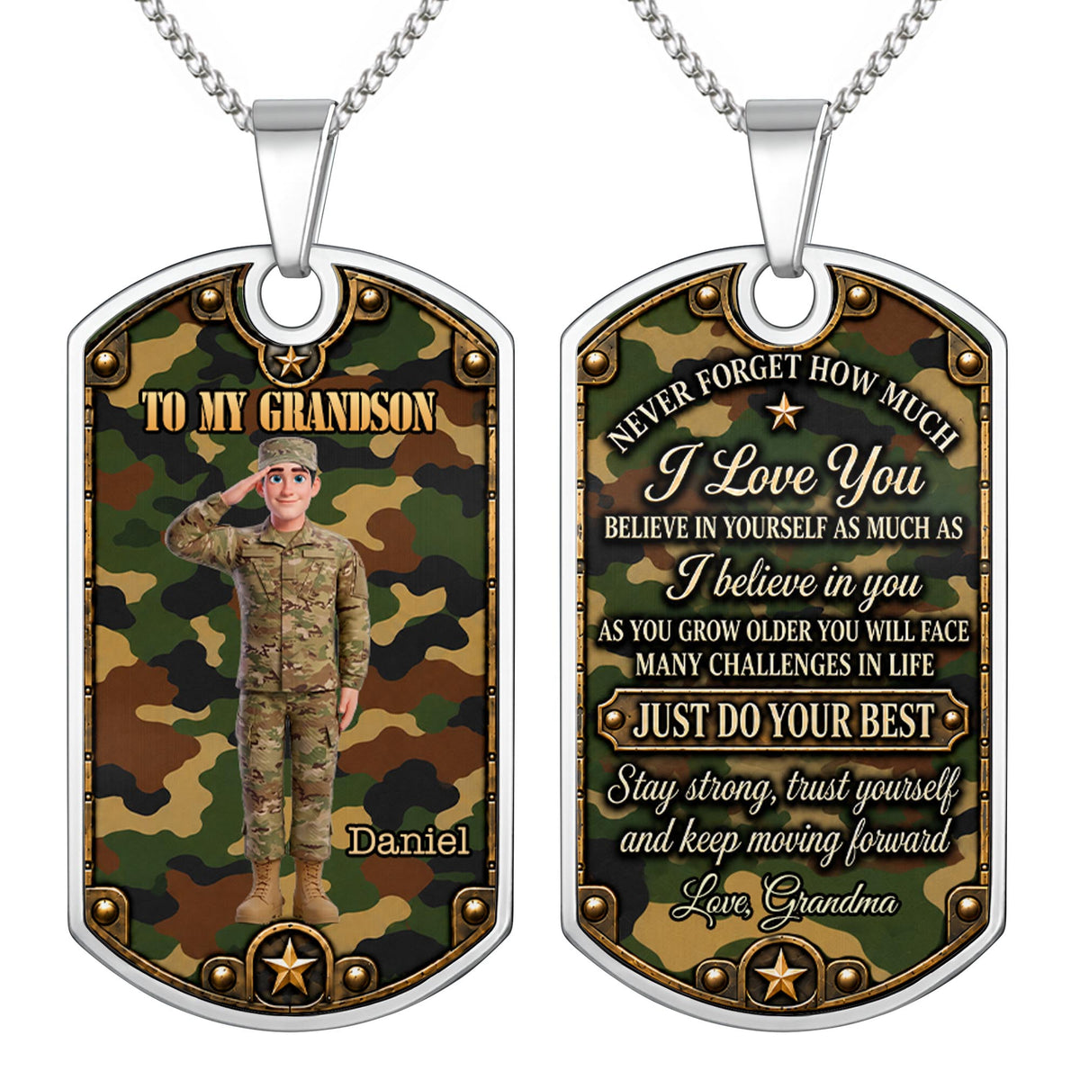To My Grandson Soldier Camouflage Military Personalized Art - Personalized Custom Dog Tag Necklace - GSN193_DTNECK