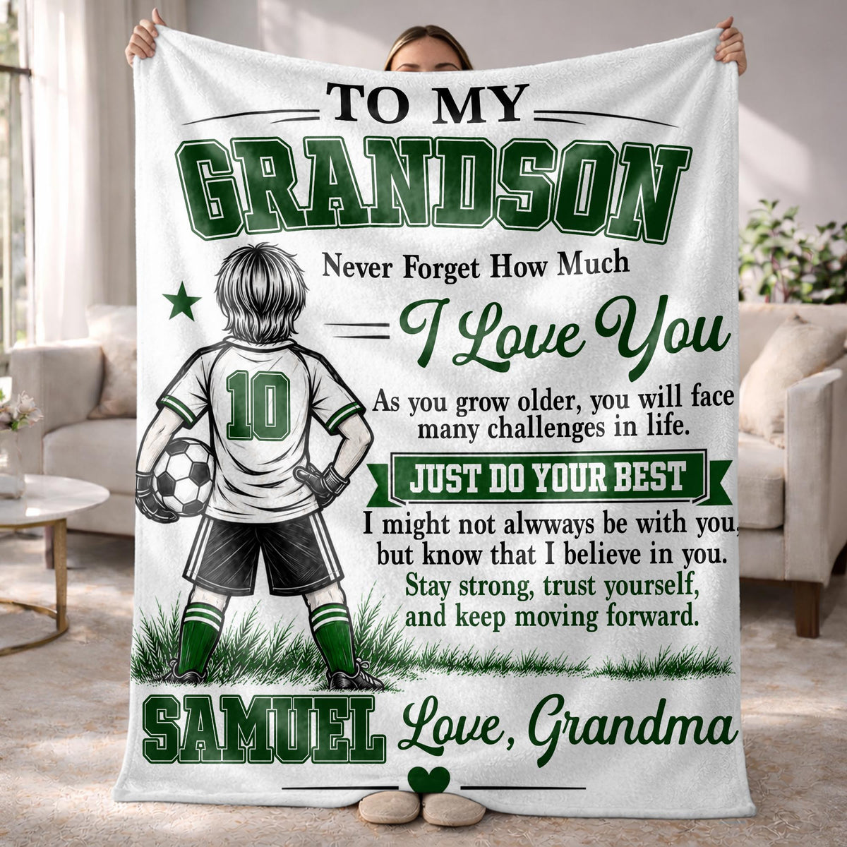 To My Grandson Never Forget How Much I Love You Soccer Player - Personalized Custom Blanket - GSN202_BLK