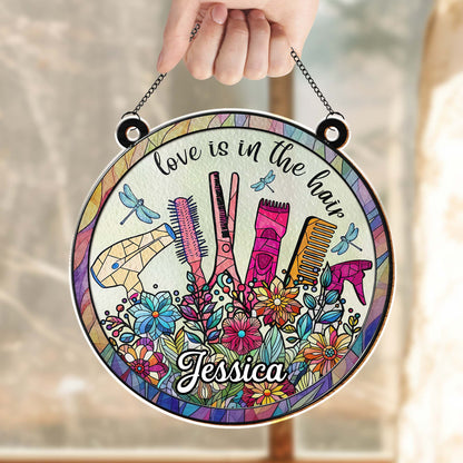 Love Is In The Hair Scissors And Styling Tools With Flowers - Personalized Custom Suncatcher - HAIR011_CSUN