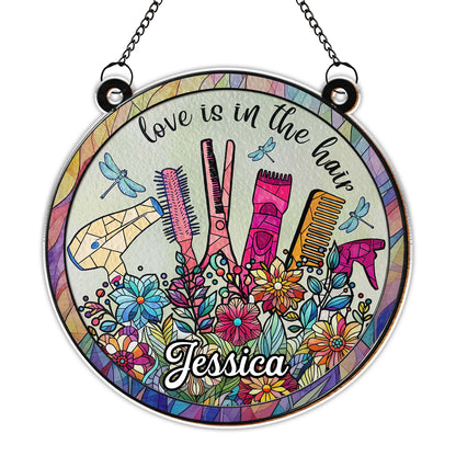 Love Is In The Hair Scissors And Styling Tools With Flowers - Personalized Custom Suncatcher - HAIR011_CSUN