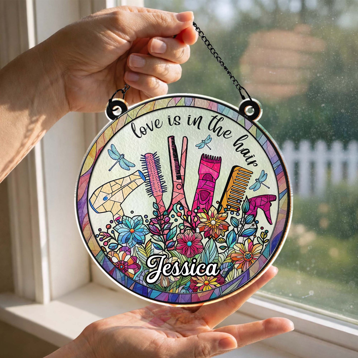 Love Is In The Hair Scissors And Styling Tools With Flowers - Personalized Custom Suncatcher - HAIR011_CSUN