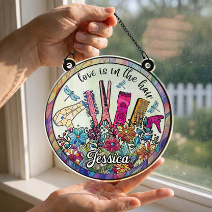 Love Is In The Hair Scissors And Styling Tools With Flowers - Personalized Custom Suncatcher - HAIR011_CSUN