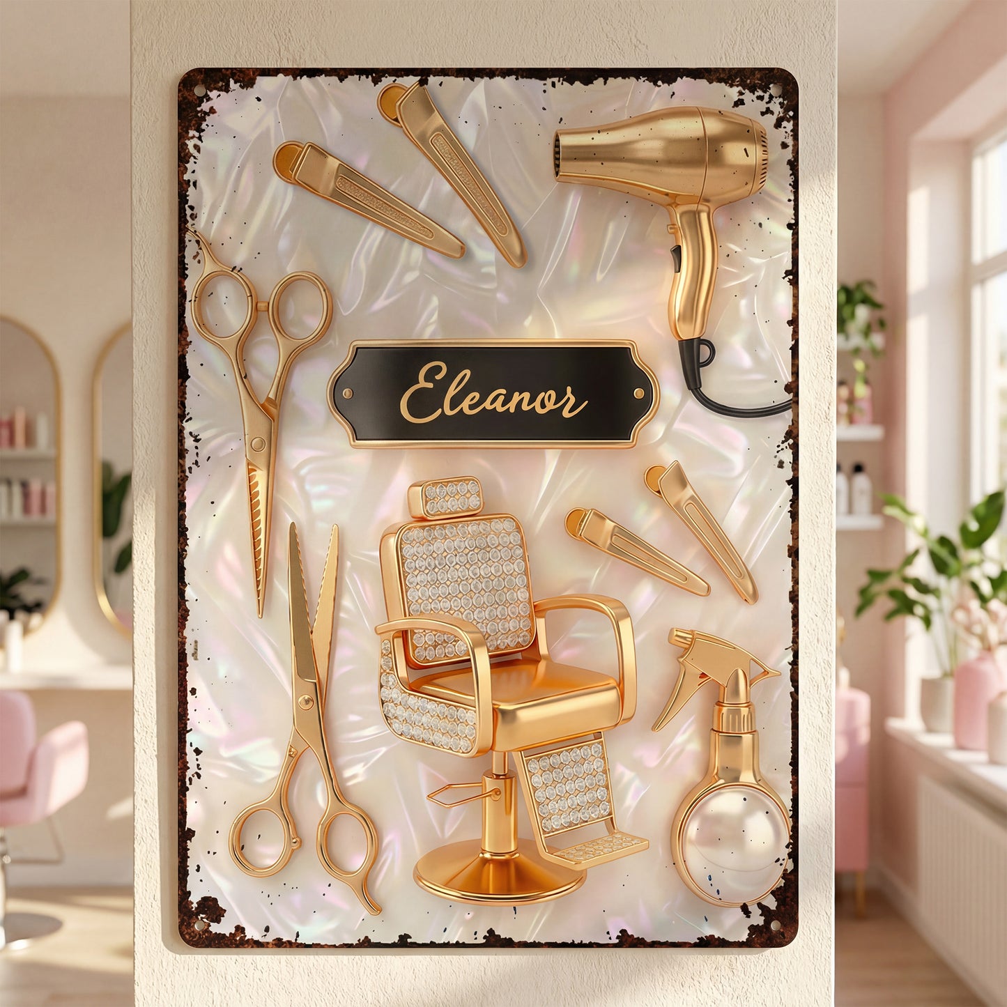 Hair Salon Professional Tools With Scissors Dryer And Chair Mother Of Pearl Mosaic - Personalized Metal Sign - HAIR027_MSIGN