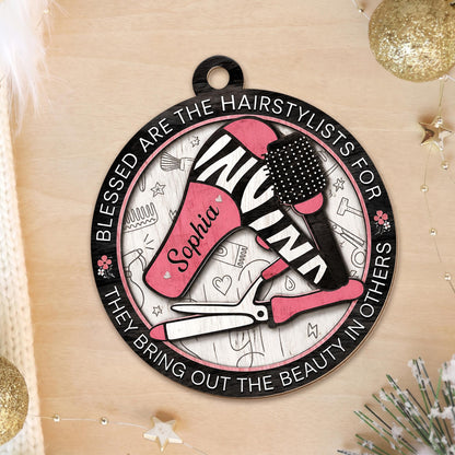 Blessed Are The Hairstylists With Hair Dryer And Salon Tools Design - Personalized Custom Wood Ornament, Custom Shaped - HAIR167_WDO
