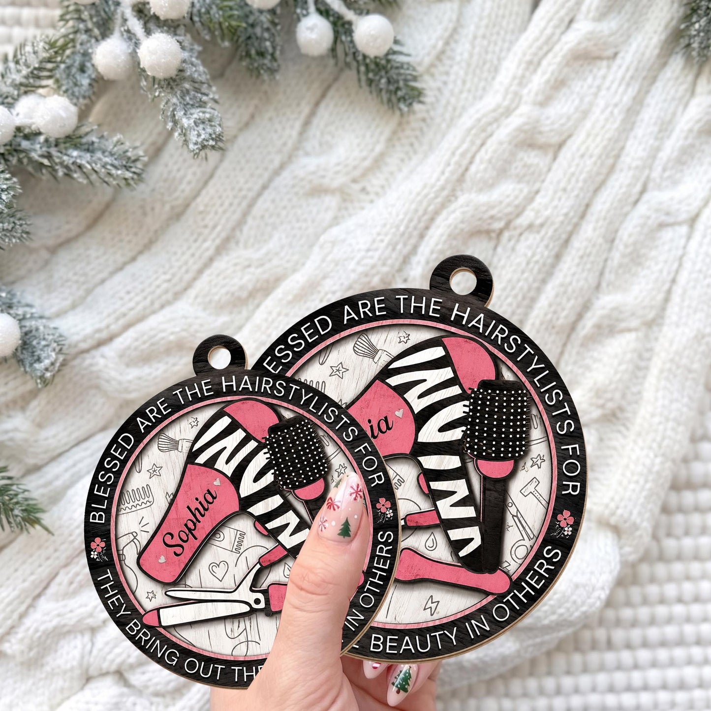 Blessed Are The Hairstylists With Hair Dryer And Salon Tools Design - Personalized Custom Wood Ornament, Custom Shaped - HAIR167_WDO