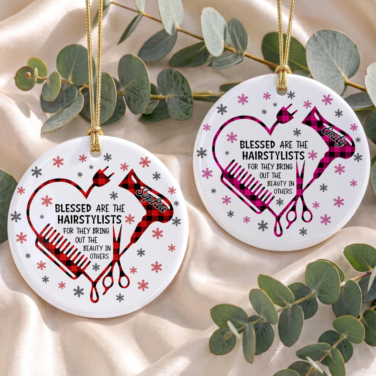 Blessed Hairstylist Hair Tools Plaid Ornament - Personalized Custom Ceramic Ornament With Round Shape - HAIR191_RCE