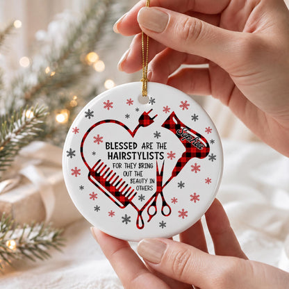 Blessed Hairstylist Hair Tools Plaid Ornament - Personalized Custom Ceramic Ornament With Round Shape - HAIR191_RCE