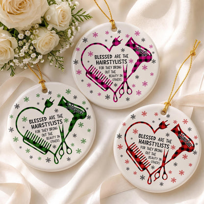 Blessed Hairstylist Hair Tools Plaid Ornament - Personalized Custom Ceramic Ornament With Round Shape - HAIR191_RCE