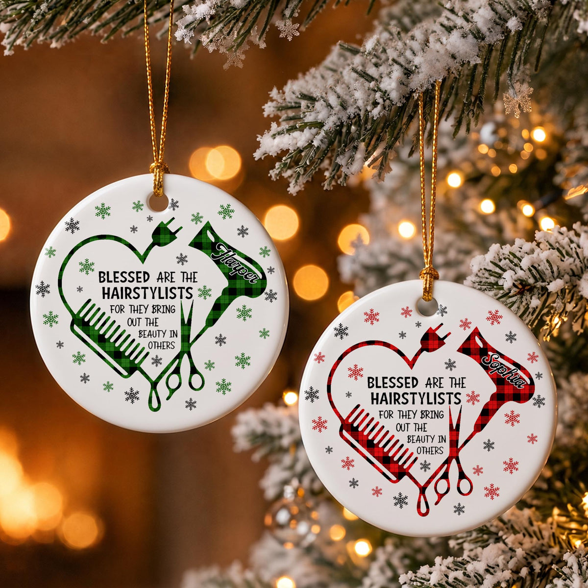 Blessed Hairstylist Hair Tools Plaid Ornament - Personalized Custom Ceramic Ornament With Round Shape - HAIR191_RCE