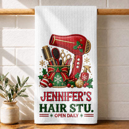 My Hair Stu. Open Daily With Salon Tools And Christmas Ornaments - Personalized Kitchen Towel - HAIR252_TOWL
