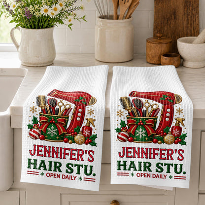 My Hair Stu. Open Daily With Salon Tools And Christmas Ornaments - Personalized Kitchen Towel - HAIR252_TOWL