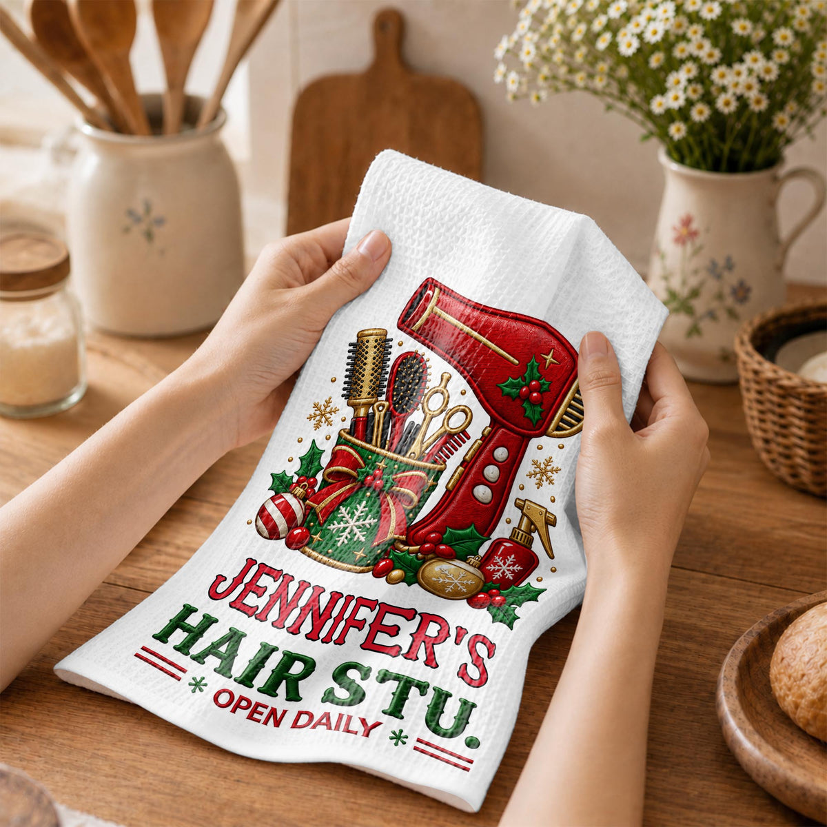 My Hair Stu. Open Daily With Salon Tools And Christmas Ornaments - Personalized Kitchen Towel - HAIR252_TOWL