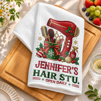 My Hair Stu. Open Daily With Salon Tools And Christmas Ornaments - Personalized Kitchen Towel - HAIR252_TOWL