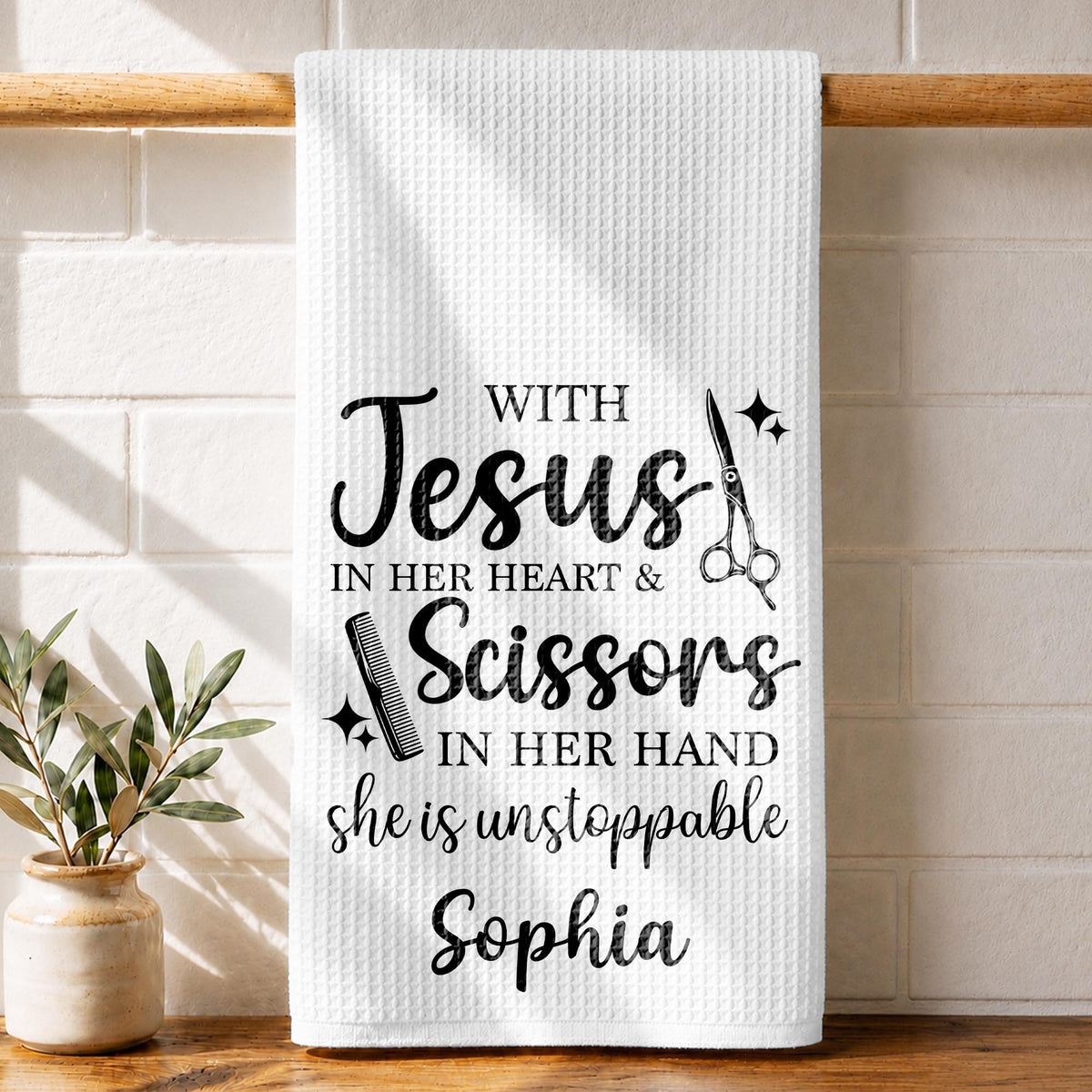 With Jesus In Her Heart And Scissors In Her Hand Unstoppable Stylist - Personalized Kitchen Towel - HAIR253_TOWL