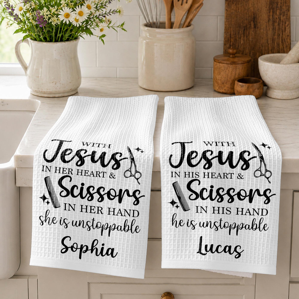 With Jesus In Her Heart And Scissors In Her Hand Unstoppable Stylist - Personalized Kitchen Towel - HAIR253_TOWL