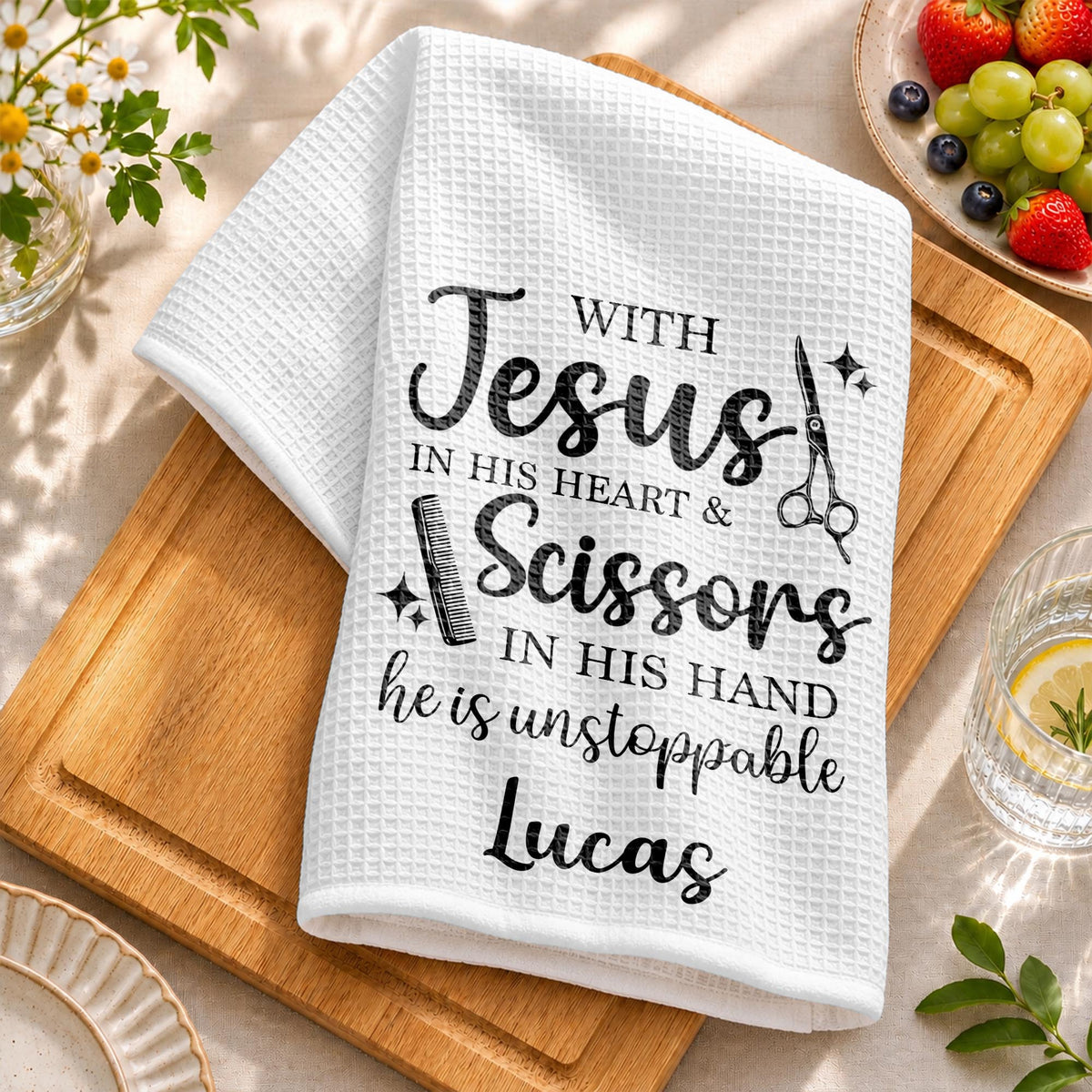 With Jesus In Her Heart And Scissors In Her Hand Unstoppable Stylist - Personalized Kitchen Towel - HAIR253_TOWL